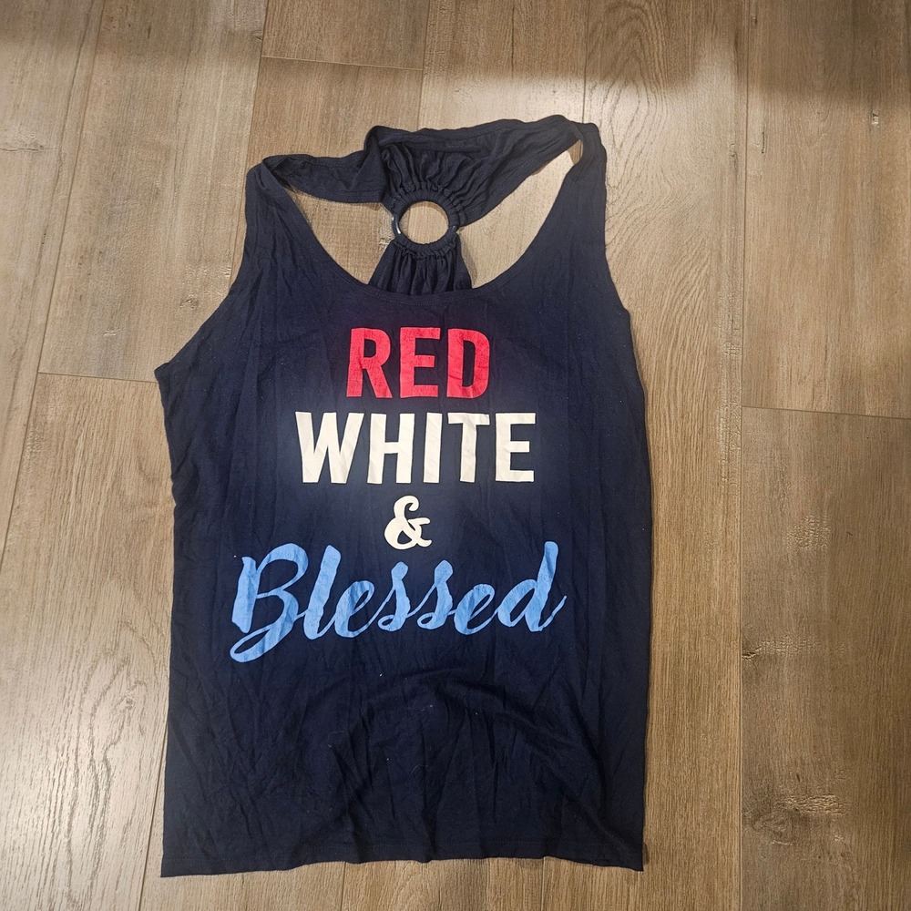 Red White & Blessed Woman Navy Blue O-Ring Racerback Graphic Tank Top
Large